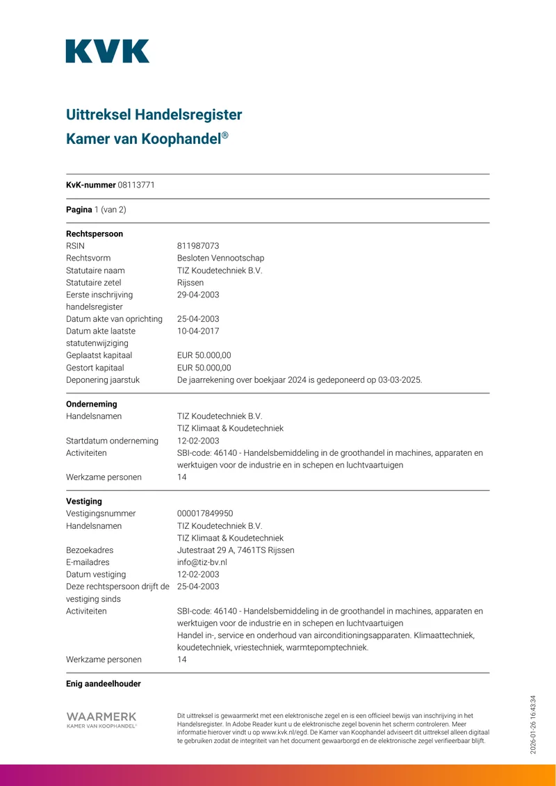 Uittreksel Handelsregister KVK TIZ Koudetechniek B.V. 2026