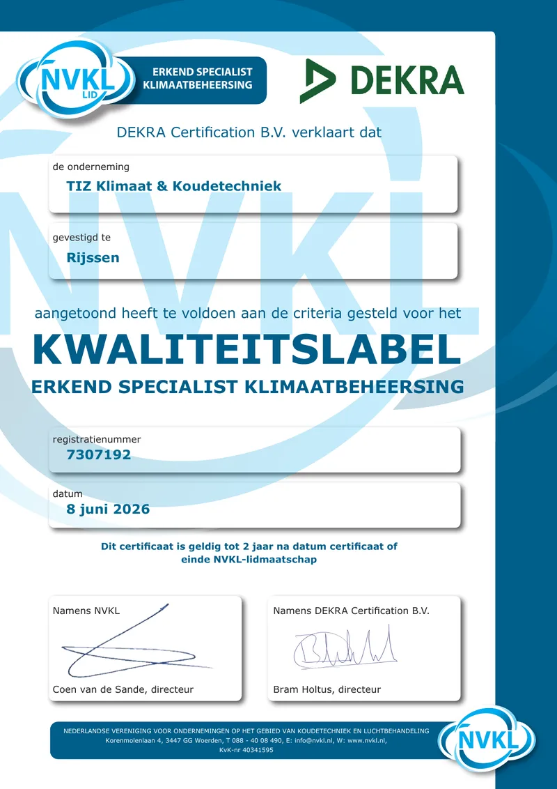 NVKL Erkend Specialist Klimaatbeheersing certificaat DEKRA 2026