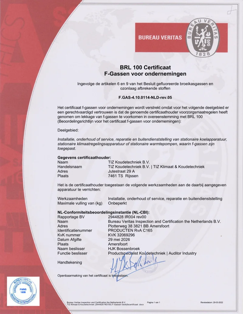 BRL 100 F-Gassen certificaat TIZ